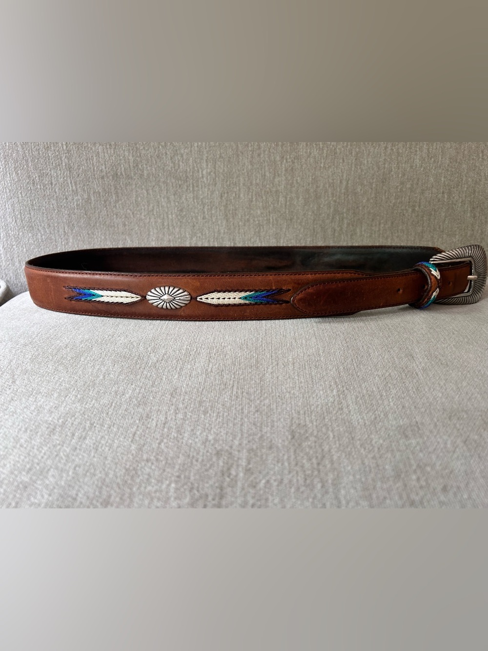 Tony Lama Western Leather Belt Size 38 Concho Southwestern Turquoise embroidered